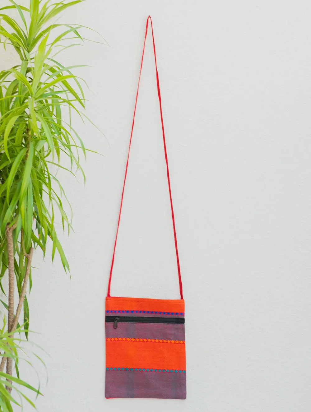 Handwoven Kashida Pattu Small Cross Body Sling Bag - Orange & Light Blue