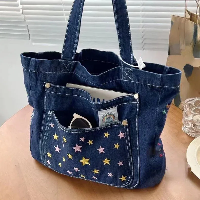 TAVIMART  -  2024 Y2k Aesthetic Harajuku Embroidery Shoulder Handbags Fashion Casual Women Tote Bags Star Denim Canvas Streetwear Messenger