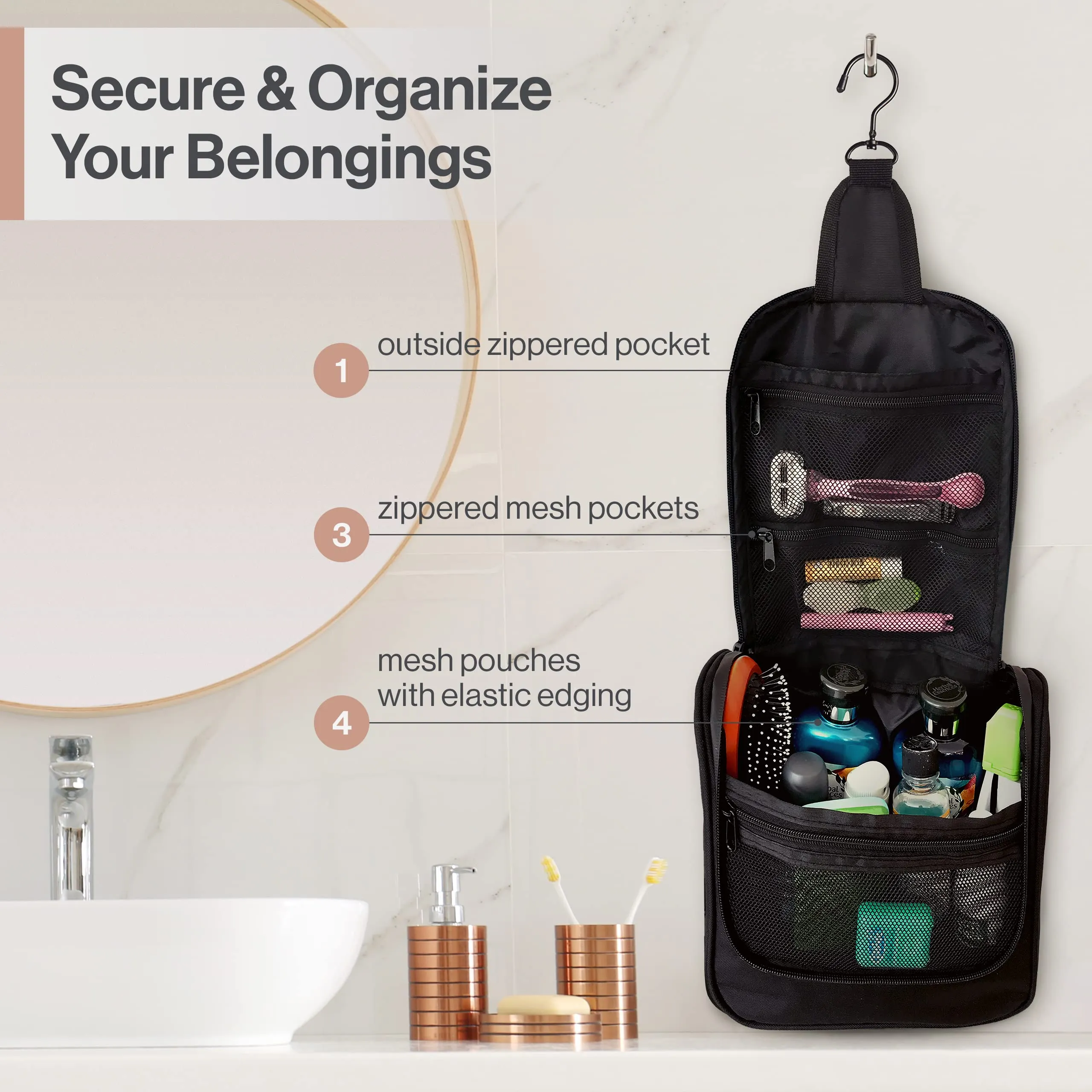 Wayfarer Supply Hanging Travel Toiletry Bag - Large Cosmetic Bag Organizer for Toiletries, Makeup and Shaving Supplies - Cruise and Travel Essentials for Women & Men, Black