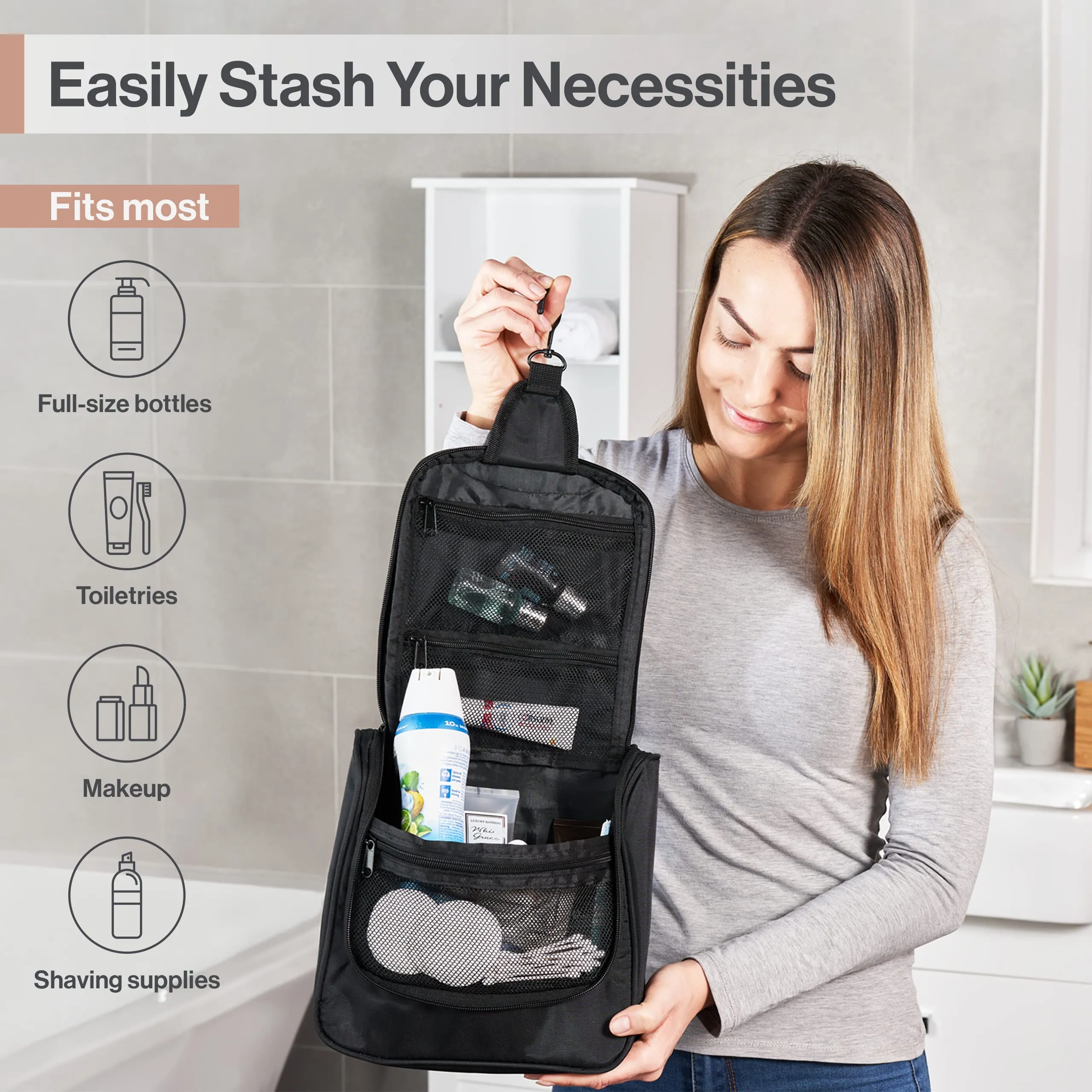 Wayfarer Supply Hanging Travel Toiletry Bag - Large Cosmetic Bag Organizer for Toiletries, Makeup and Shaving Supplies - Cruise and Travel Essentials for Women & Men, Black